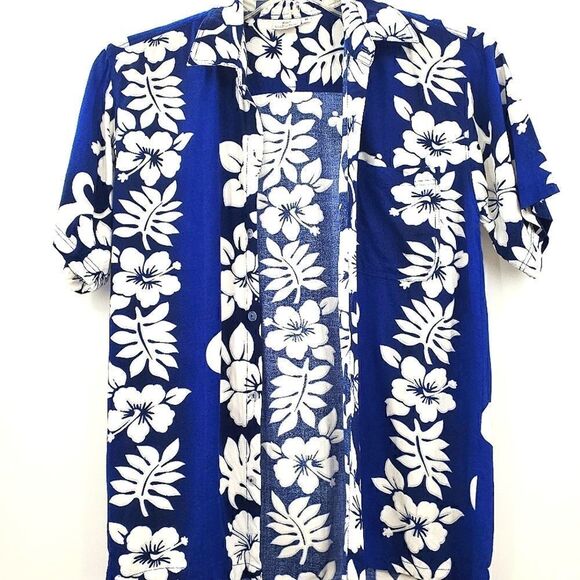 Bali Collection Passion Hawaiian Royal Navy Blue White Floral Hawaiian Shirt 14 - Picture 11 of 12